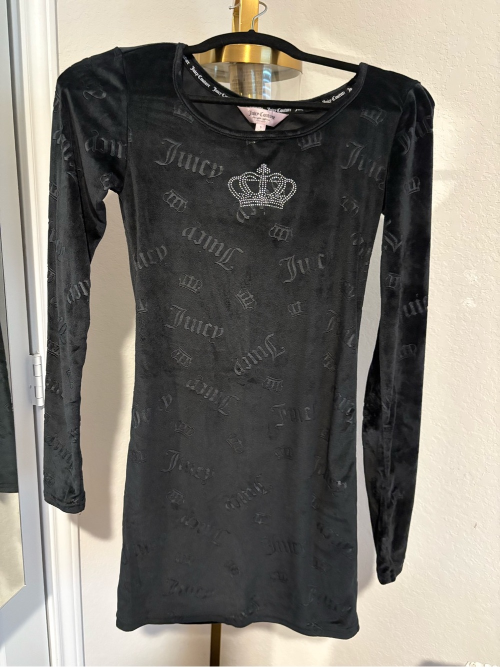 Juicy Couture Black Velvet Logo Mini Dress with Rhinestone Crown